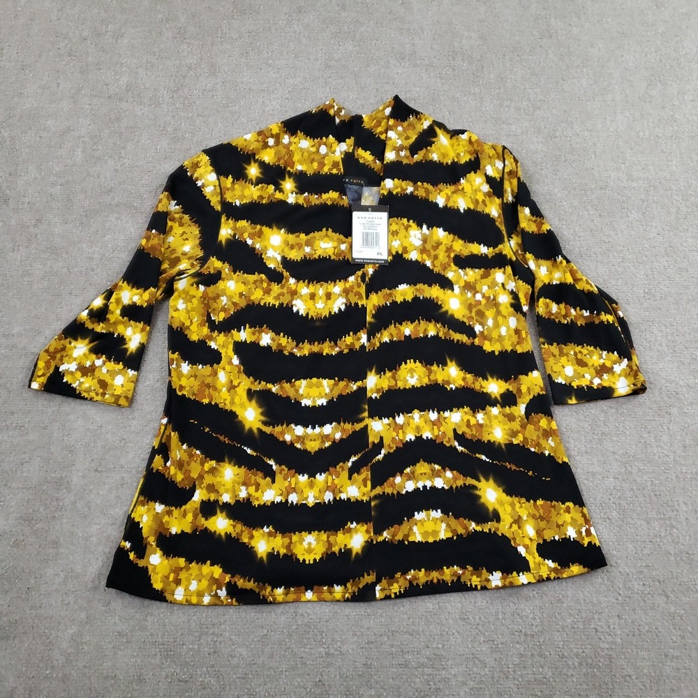Eva Varro Blouse Womens XL Black Yellow Whitney Tunic 3/4 Sleeve Stretch V-Neck
